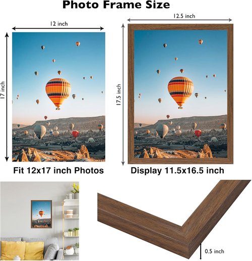 JCJMY 12x17 Picture Frame - Brown Wall Hanging Frame with Shatter-Resistant Plexiglass | Versatile Mounting Options