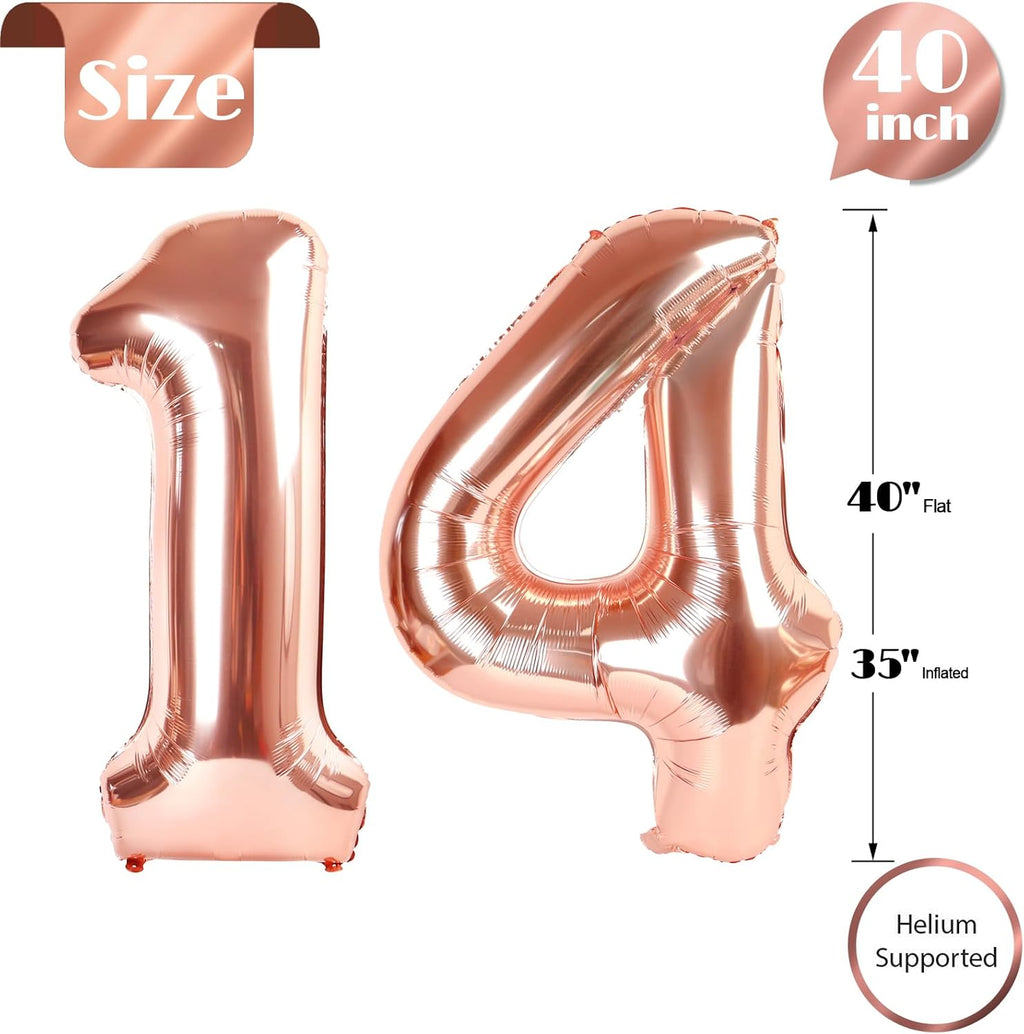 Rose Gold Number 14 Balloon - 40 Inch 14th Birthday Decorations for Girls & Boys