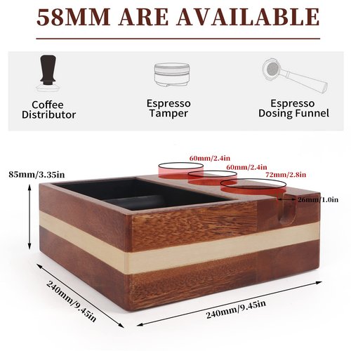Kmise Natural Walnut Espresso Accessories Organizer Box Fits Espresso Distributor,Tamping Station Base,Tamper Holder-1.5L Coffee Grounds Box (58MM)