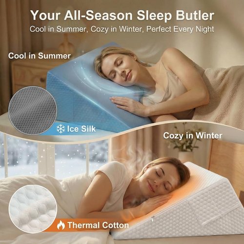 DeerFable [2026 New 12" Memory Foam Wedge Pillow for Sleep Apnea, Sleeping, Acid Reflux Relief, Snoring, Dual Sided Cooling & Warm Fabric Triangle Pillow Wedge for After Surgery, Back, Leg - Gray