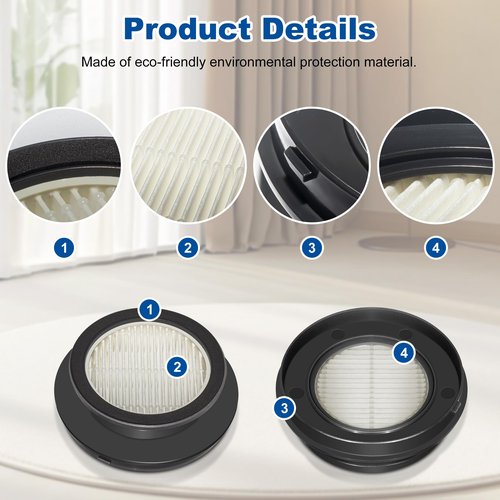 4 Pack X7A HEPA Filter Replacements Compatible with SunSare X7A-US Cordless Stick Vacuum Cleaner with Touch Screen and SunSare X7A Handheld Vacuum Cleaners for Home, 4 HEPA Filters, 1 Cleaning Brush