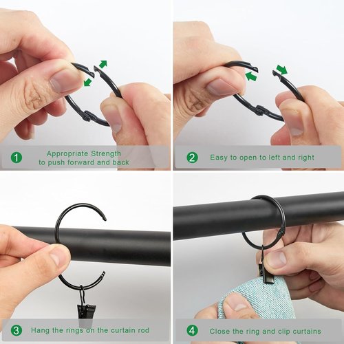 LLPJS Openable Curtain Rings - Durable Drapery Clips with Hooks | 1.26" Interior Diameter, Black, Set of 36