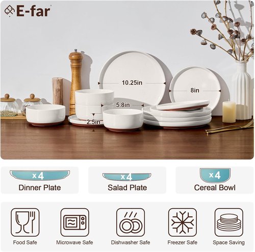 E-far 12-Piece Stoneware Dinnerware Set - Chip & Scratch Resistant, Microwave & Dishwasher Safe, Speckled White for 4