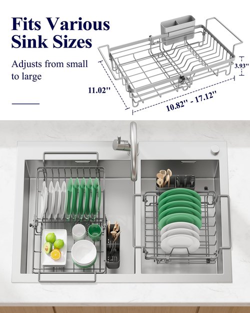 Kitsure Dish Drying Rack – Expandable in-Sink or Over-Sink Dish Rack for Kitchen Counter, Rust-Resistant Metal Dish Strainer with Cutlery Holder, 10.82"-17.12" L x 11.02" W x 3.93" H, Grey