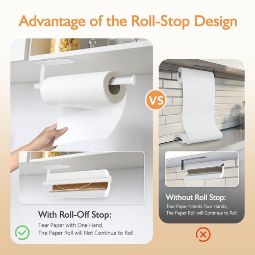 MEIJO Paper Towel Holder with Damping Function, Paper Towel Holder Under Cabinet Self-Adhesive or Drilling, Wall Mounted Napkin Roll Holder for Kitchen Bathroom Rv Camping, Stainless Steel (White)