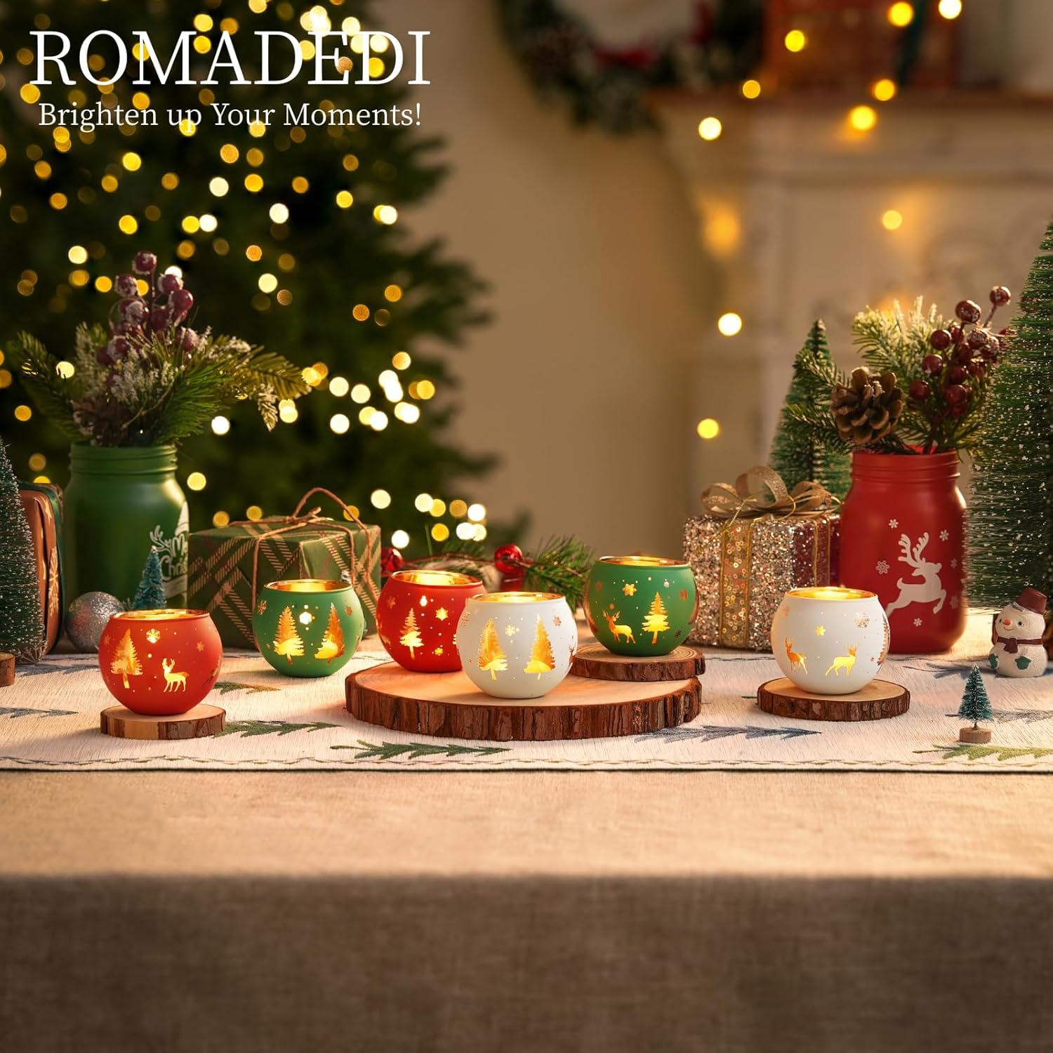 Romadedi Votive Candle Holders - Set of 6 Colorful Glass Tealight Holders for Christmas Decor | Holiday Centerpiece