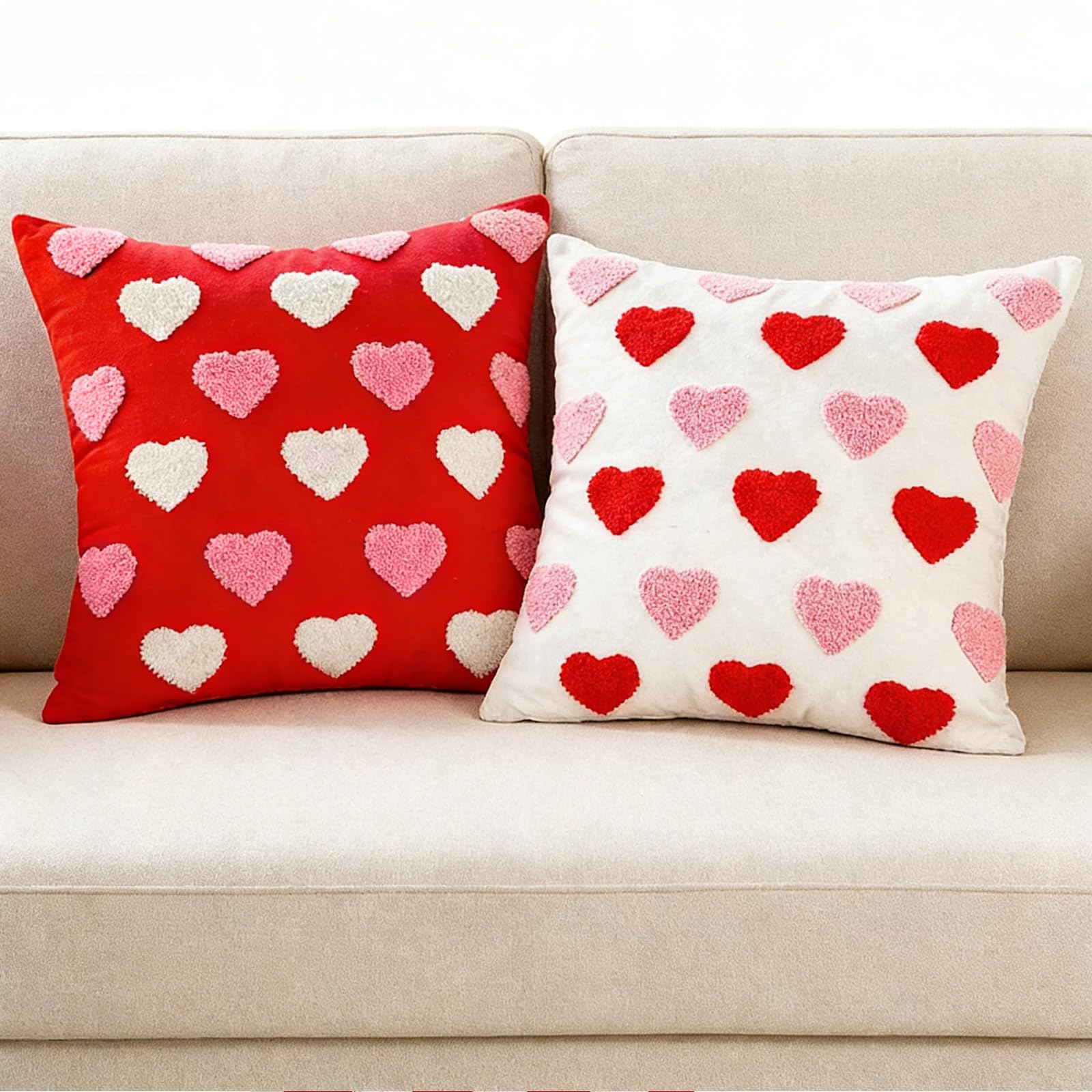 Valentine‘s Day Throw Pillow Covers Set of 2, 18x18 Inch (45x45cm) - White & Red Love Heart Embroidery Decorative Cushion Covers for Couch Sofa Bedroom, Valentine’s Gift for Her, Couples, Anniversary