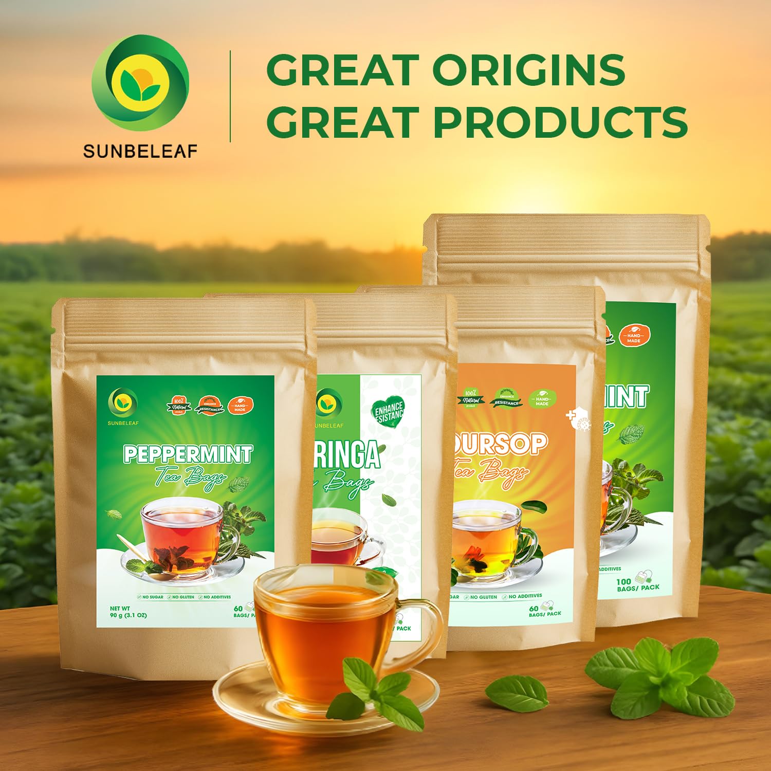 SUNBELEAF Peppermint Tea – 60 Tea Bags, Pure Mint Leaves from Vietnam, Caffeine-Free Herbal Infusion, Resealable Zip Pouch, Refreshing Gentle Flavor, Ideal for Daily Enjoyment