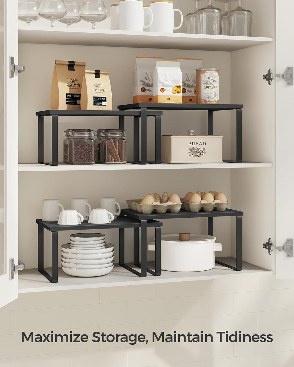 SONGMICS Kitchen Organizer Shelves - Set of 4 Stackable & Expandable Spice Racks | Ink Black & Ebony Black