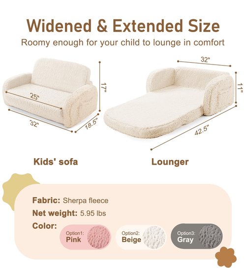 2-in-1 Sherpa Fold Out Kids Couch, Extra Wide Comfy Toddler Chair, Convertible Kids Sofa to Lounger, Foldable Toddler Couch with High Density Foam, Modern Kids Sofa Bed for Boys & Girls 3+, Beige