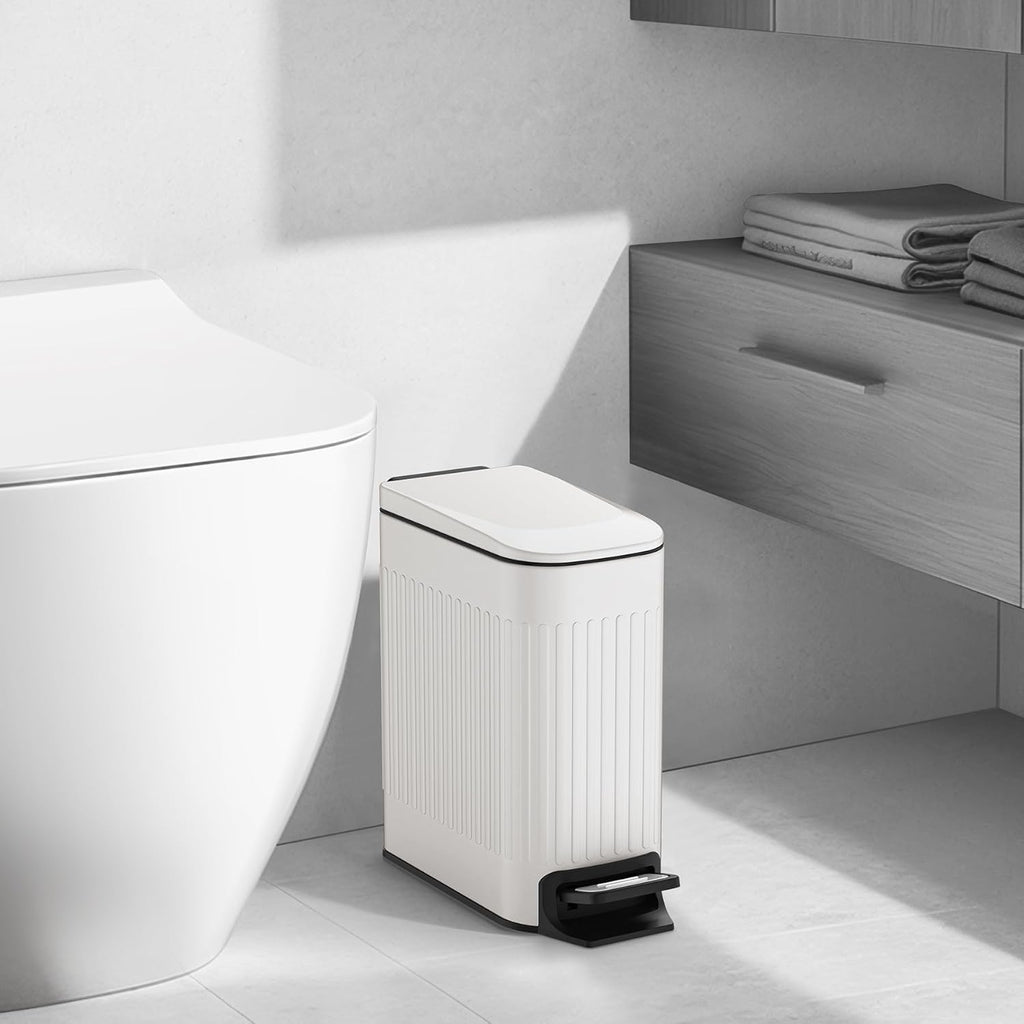 TIPGO Slim Bathroom Trash Can - Soft Close Lid & Step Pedal, 6L Stainless Steel Bin | White