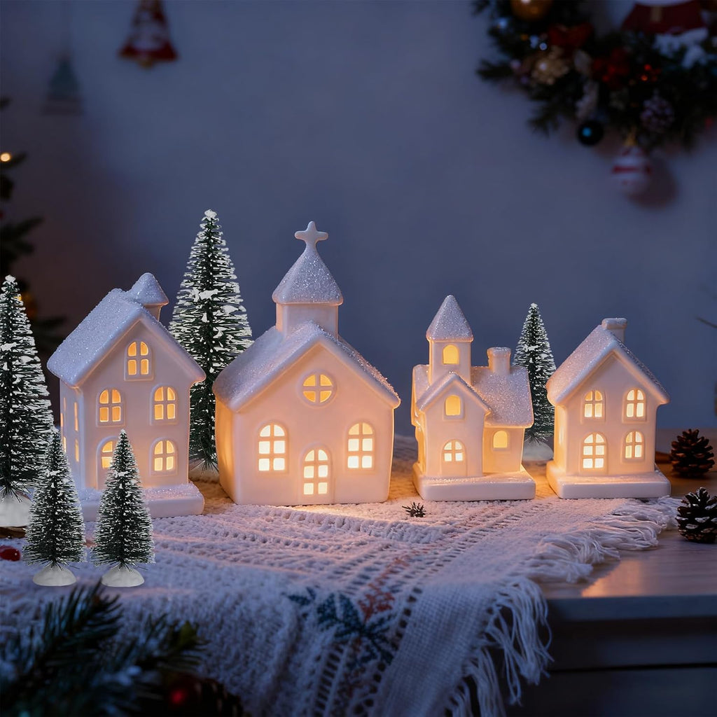 Regine Switzerland Christmas Village Set - 9 Pcs Lighted Ceramic Houses & Trees | Winter White Decor