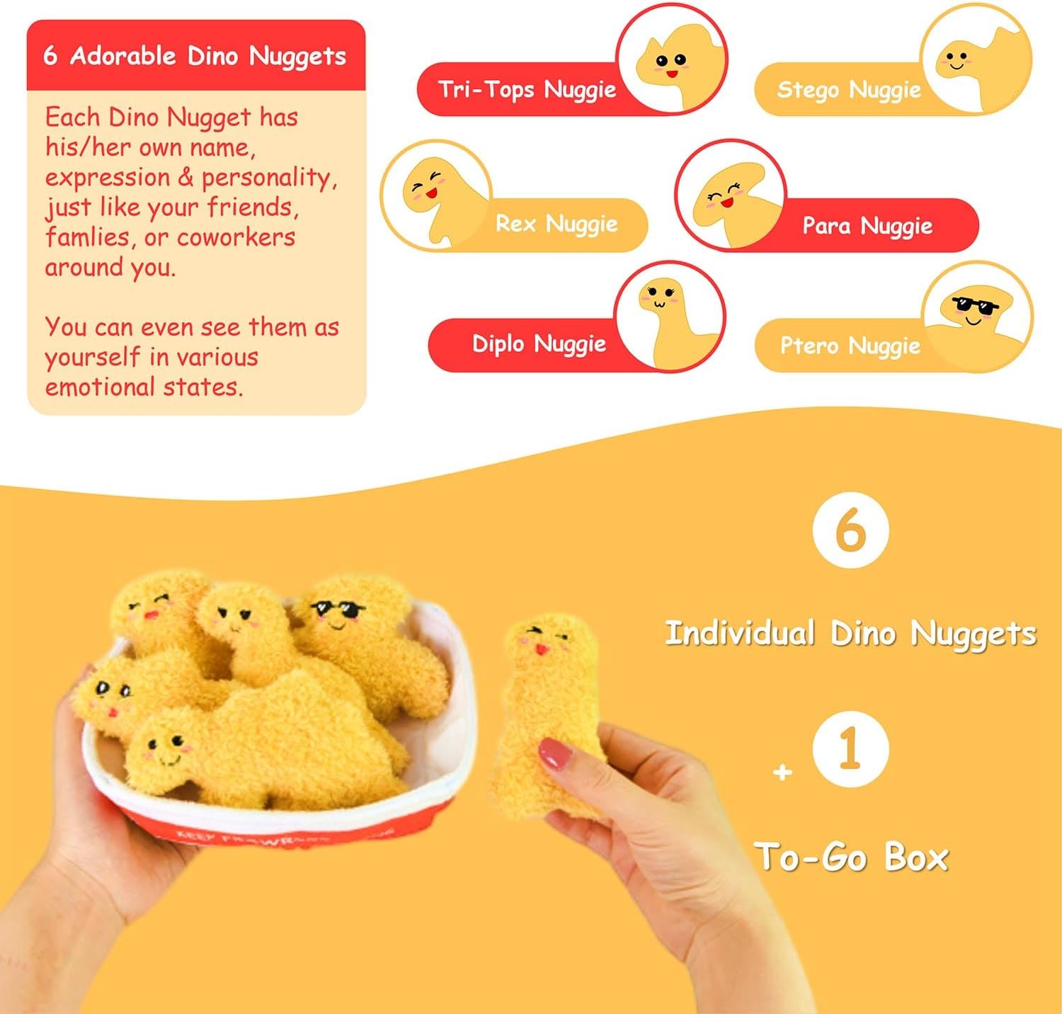 Skiennix Positive Emotional Support Dino Nuggets Plush Toy - 6 Cute Stuffed Nuggets in Soft To-Go Box | Inspirational Gift for Teens & Friends