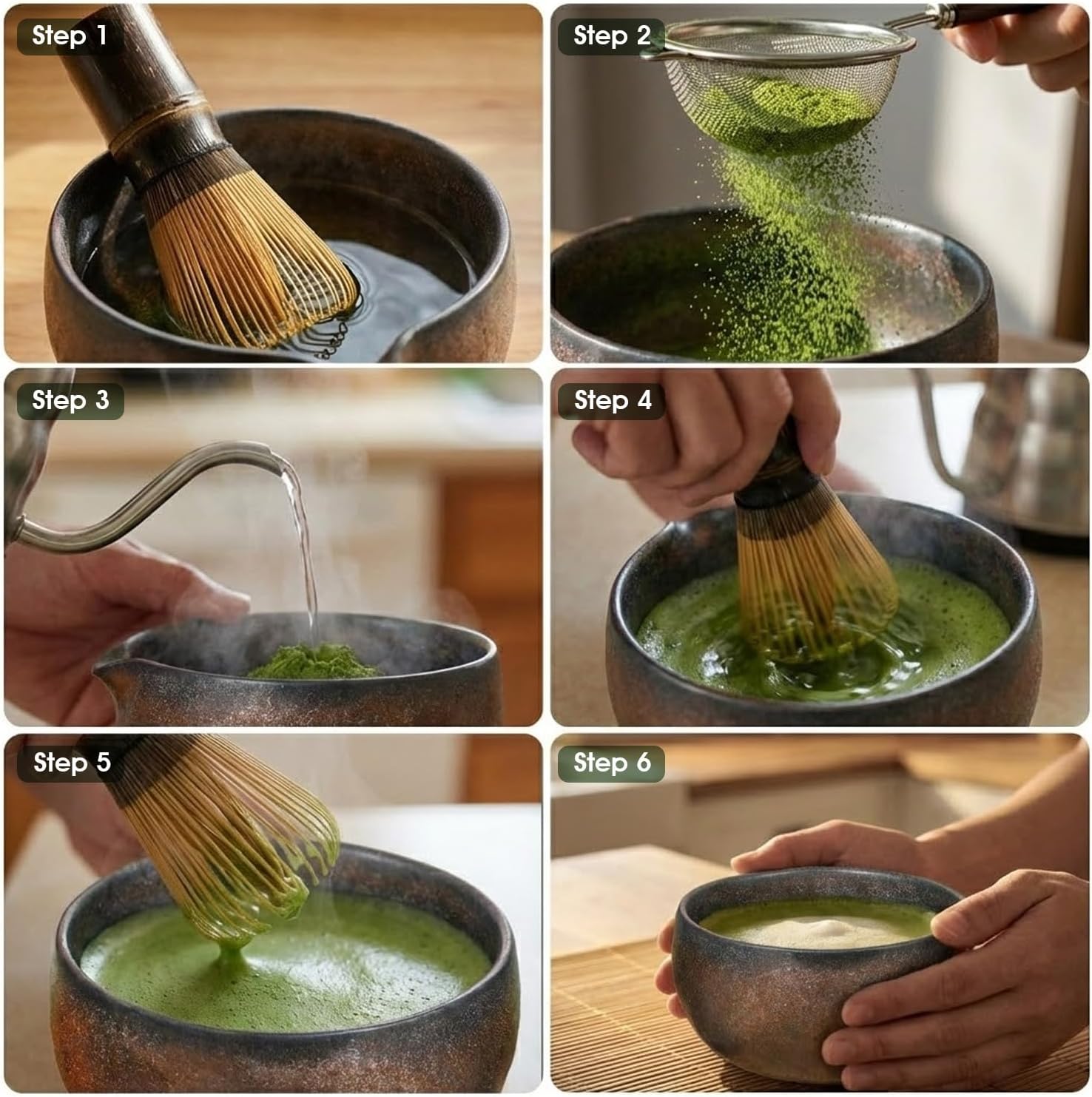 Matcha Whisk Set - 7-Piece Complete Kit with Handmade Bowl, 100-Prong Bamboo Whisk & Accessories
