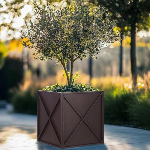 BAYN Metal Square Planter Box - Modern Heavy-Duty Outdoor Planter with Drainage Holes | Brown, 17” x 17” x 18”