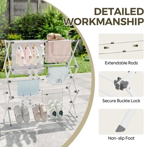 APEXCHASER Clothes Drying Rack - Foldable & Extendable Laundry Solution | Space-Saving, Rust-Resistant, White