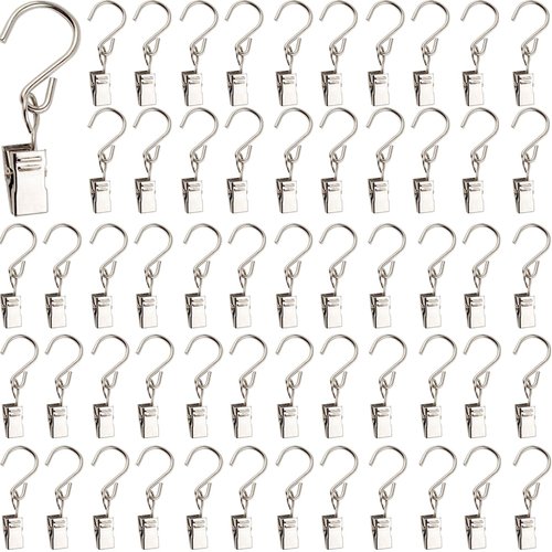 RONYOUNG 50PCS Stainless Steel S Hooks Curtain Clips, Hanging Party Lights Clips, Hangers Gutter Photo Camping Tents, Art Craft Display, Garden Courtyards Decoration, 2.4 Inch Long Silver