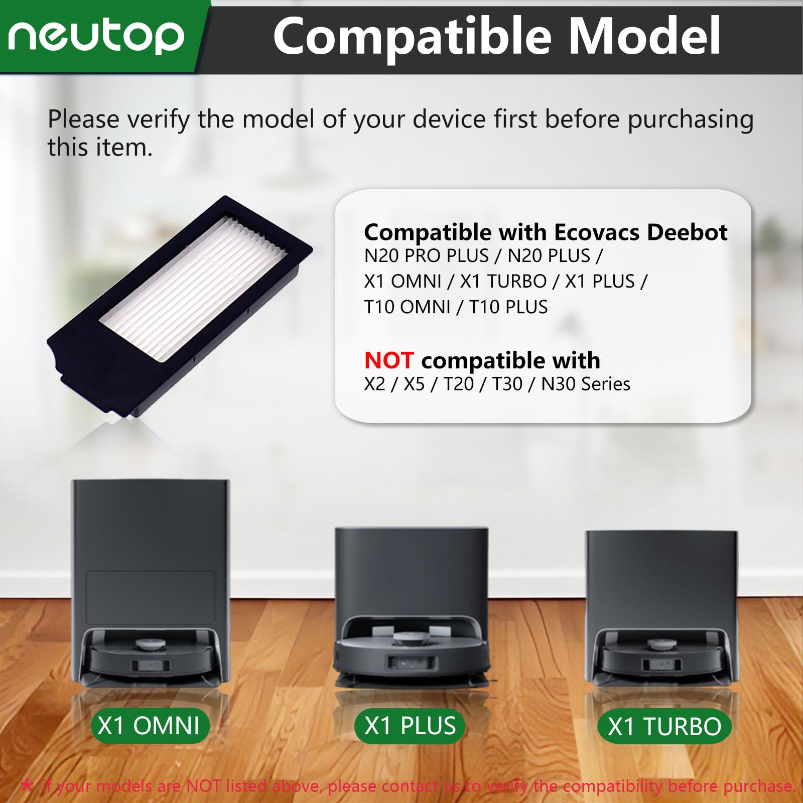 Neutop Replacement Filter Sets Compatible with Ecovacs Deebot X1 Plus/Turbo/Omni, T10 Omni/Plus, N20 Plus/Pro Plus, Robot Vacuums, 4-Pack.