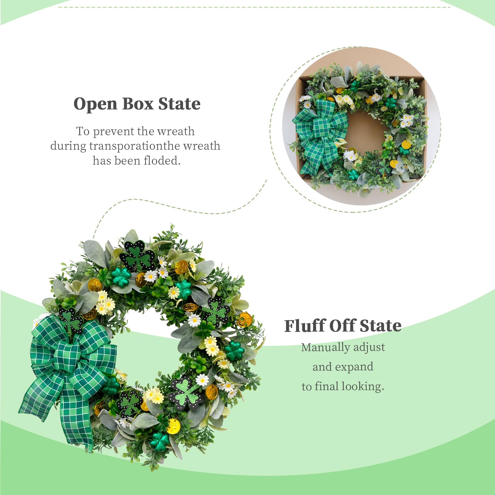 vivimemo St. Patrick's Day Wreath 20-inch Green Four-Leaf Clover Irish Day Wreath St. Patrick's Day Holiday Decoration Front Porch Party Spring Yard Decoration