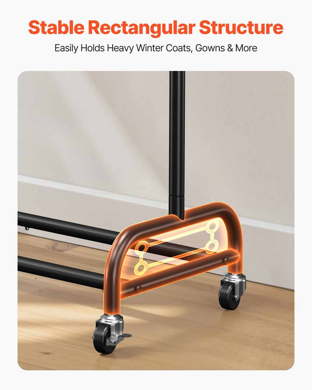 VEVOR Clothes Rack, Rolling Clothing Garment Rack with Adjustable Crossbar and Side Hooks, 150 lbs Load Capacity, Heavy Duty Carbon Steel Clothing Racks with Wheels for Bedroom, Laundry, Living Room