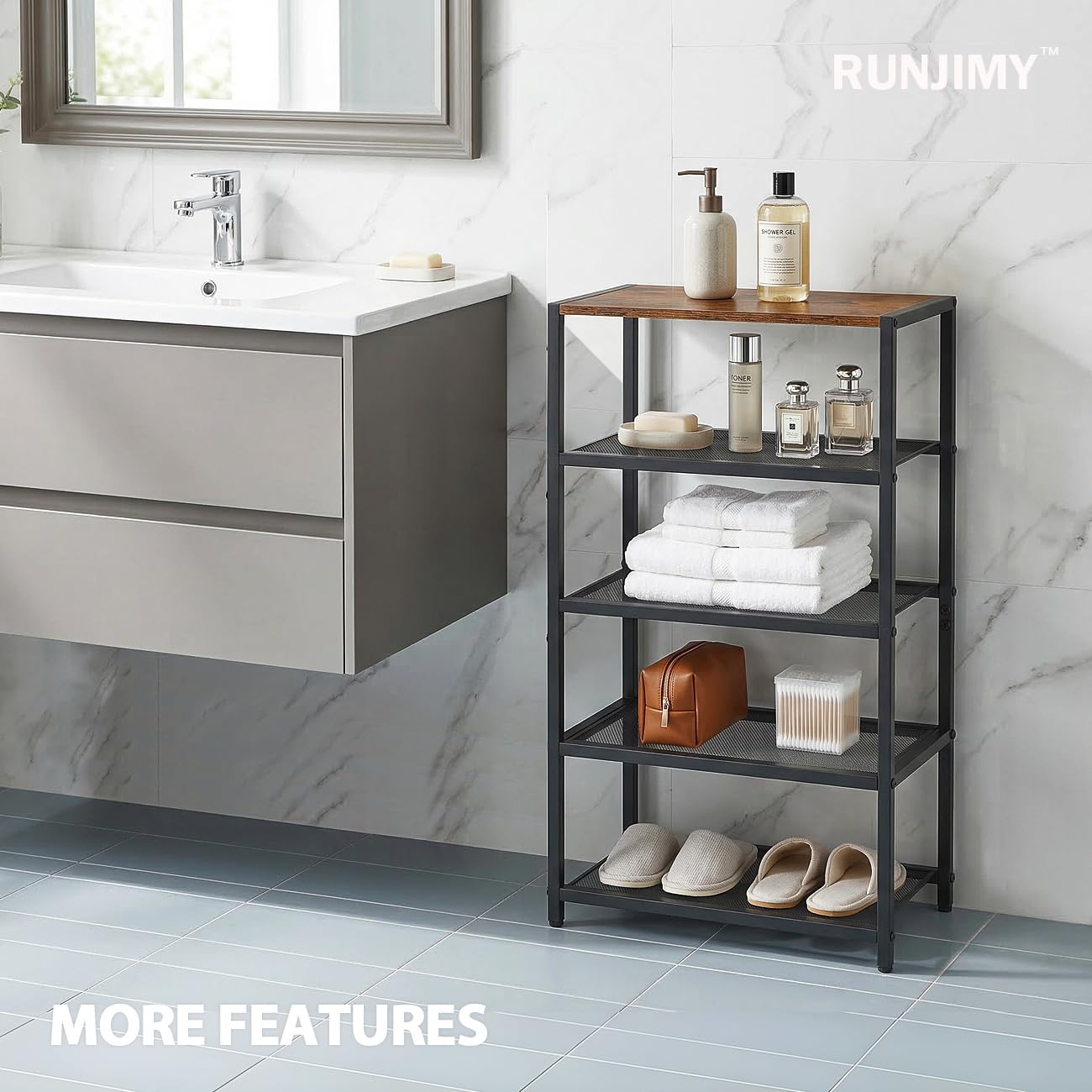 RUNJIMY Narrow Shoe Rack for Front Door Entrance, Entryway, and Closet Shoe Organizer with 4 Sturdy Metal Mesh Shelves and Wooden Top, Holds 10 Pairs, Ideal for Storage or Display