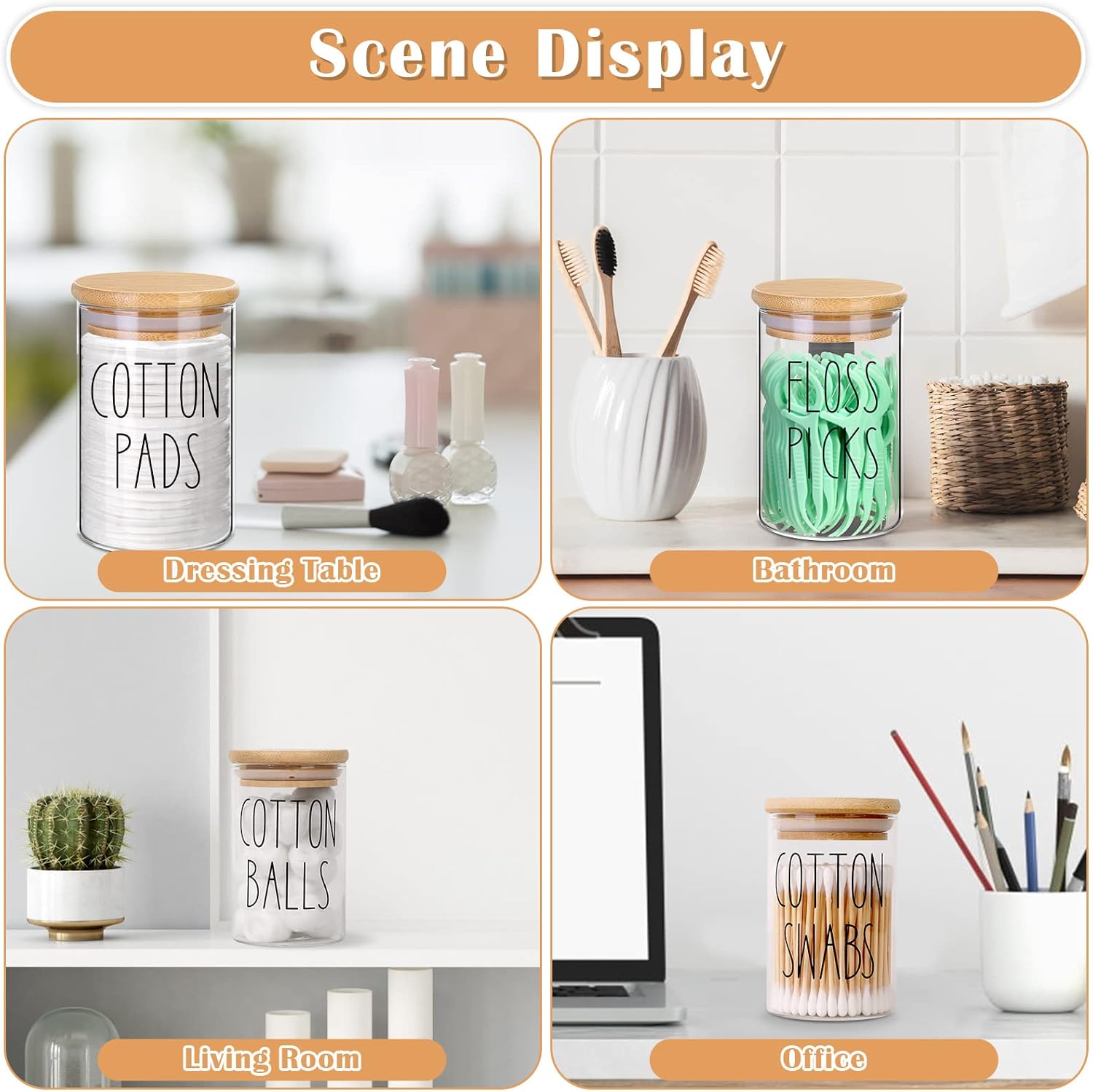 ROADPLUM Qtip Holder Bathroom Set - 4 Pack 10 oz Glass Jars with Lids for Cotton Balls & Makeup Storage