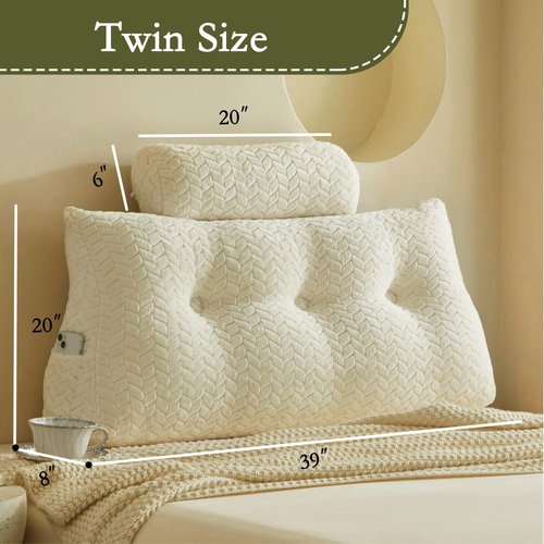 YOUR MOON Wedge Headboard Pillow Twin Size, Triangular Wedge Backrest Pillow with 1 Pack Neck Roll Pillows, Headboard Pillow for Bed,Daybed,and Lounging, Large Bed Bolster Pillows,Off White