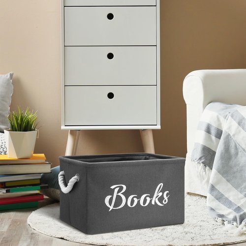 Yungyan 2 Pcs Book Toys Storage Bin for Shelves Toys Cloth 15 x 11 x 9 Book Toys Storage Basket Organizer with Handles Collapsible Bin for Bedroom(Gray,Books)