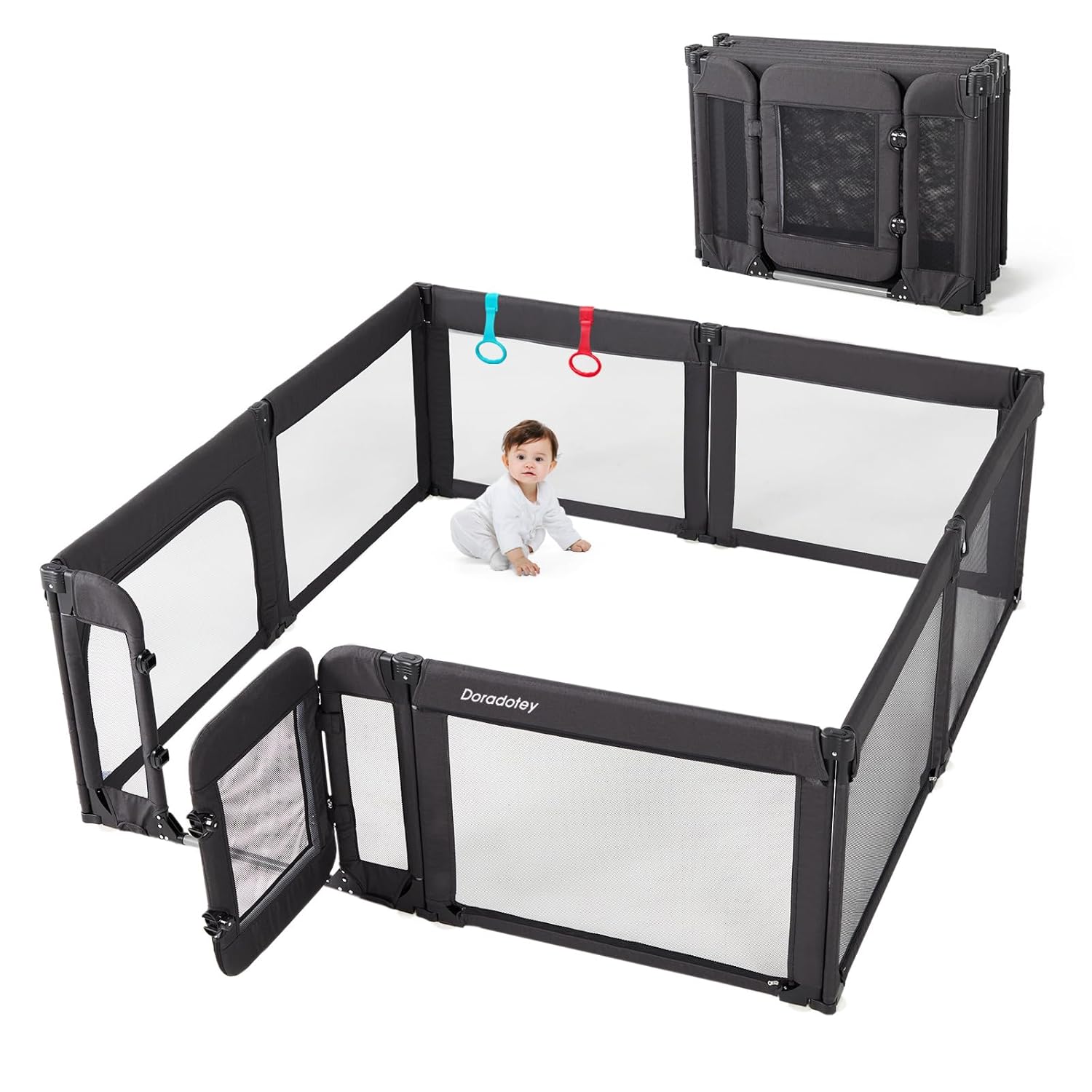 Skiennix Baby Playpen - Foldable Adjustable Play Yard with Door | Heavy-Duty Toddler Playpen, Black