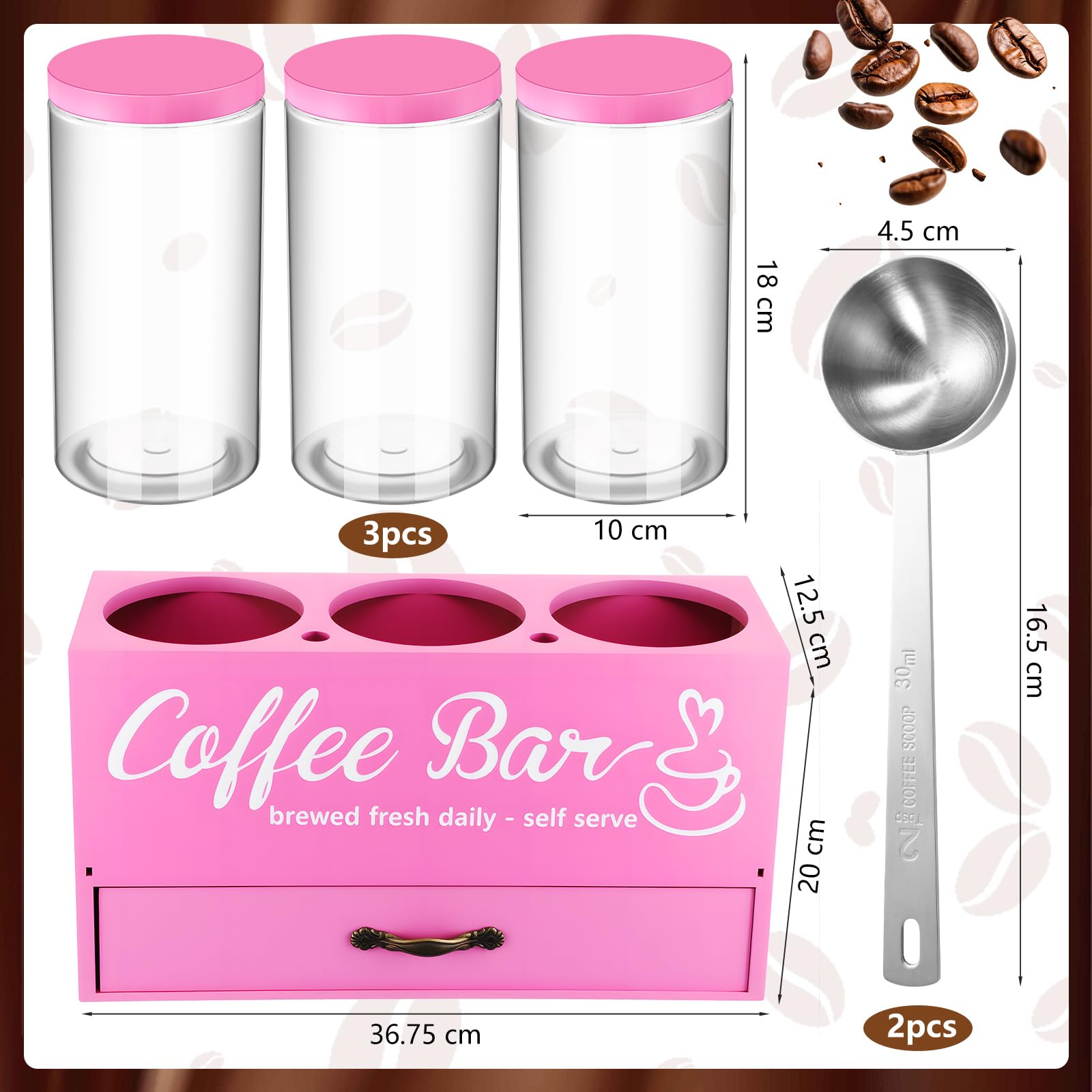 Skybooly 3 Pcs Coffee Bar Containers Set Include Coffee Sugar Container with Lid and Spoon and Double Layer Storage Box with Drawer for Bar Kitchen Countertop (Pink)