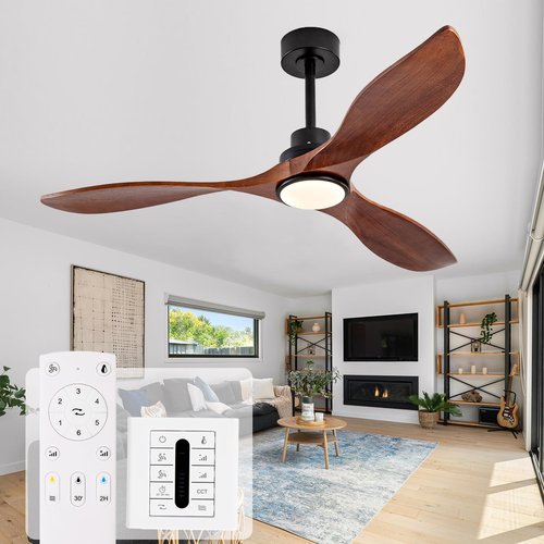IKTYUW 52 Inch Solid Wood Ceiling Fans with Lights and Remote, 3 Blade Walnut Outdoor Ceiling Fans with Wall Control, Dimmable, 6 Speeds, Quiet DC Motor for Bedroom/Patios/Farmhouse/Living Room