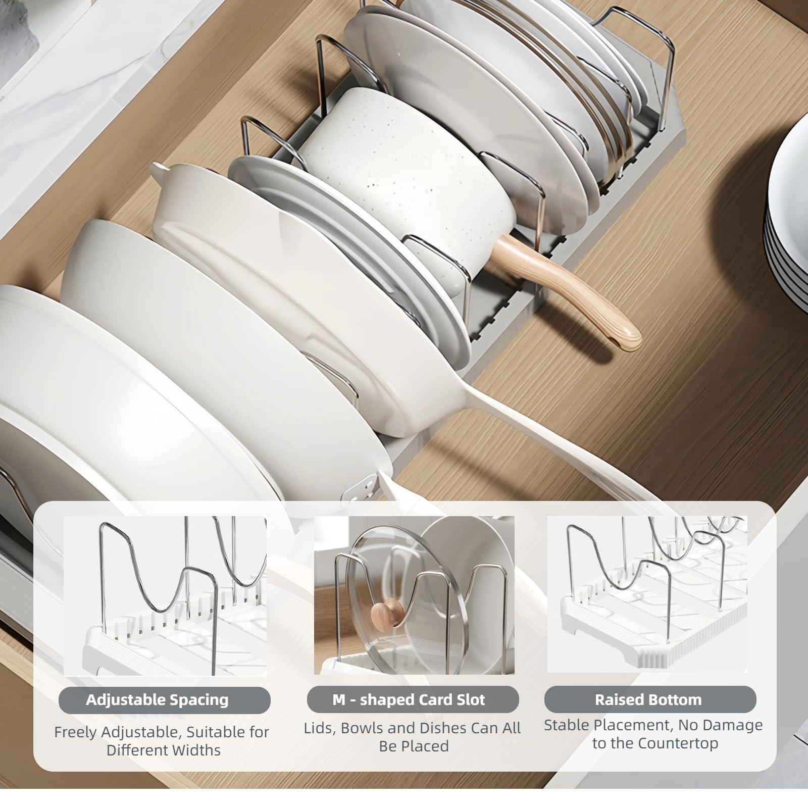 Silanit Expandable Pot and Pan Organizer Rack for Kitchen Cabinet or Under Sink, Adjustable Lid Holder with 7 Dividers, Space-Saving Storage for Renters, Small Homes, and Busy Cooks, White