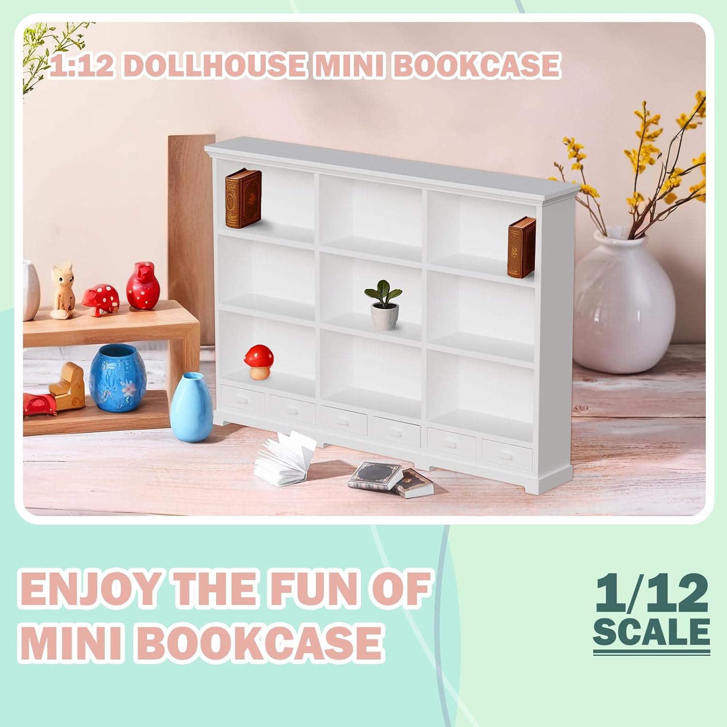 Skiennix 1:12 Scale Dollhouse Bookshelf - Multi-Functional Display for Mini Books & Accessories