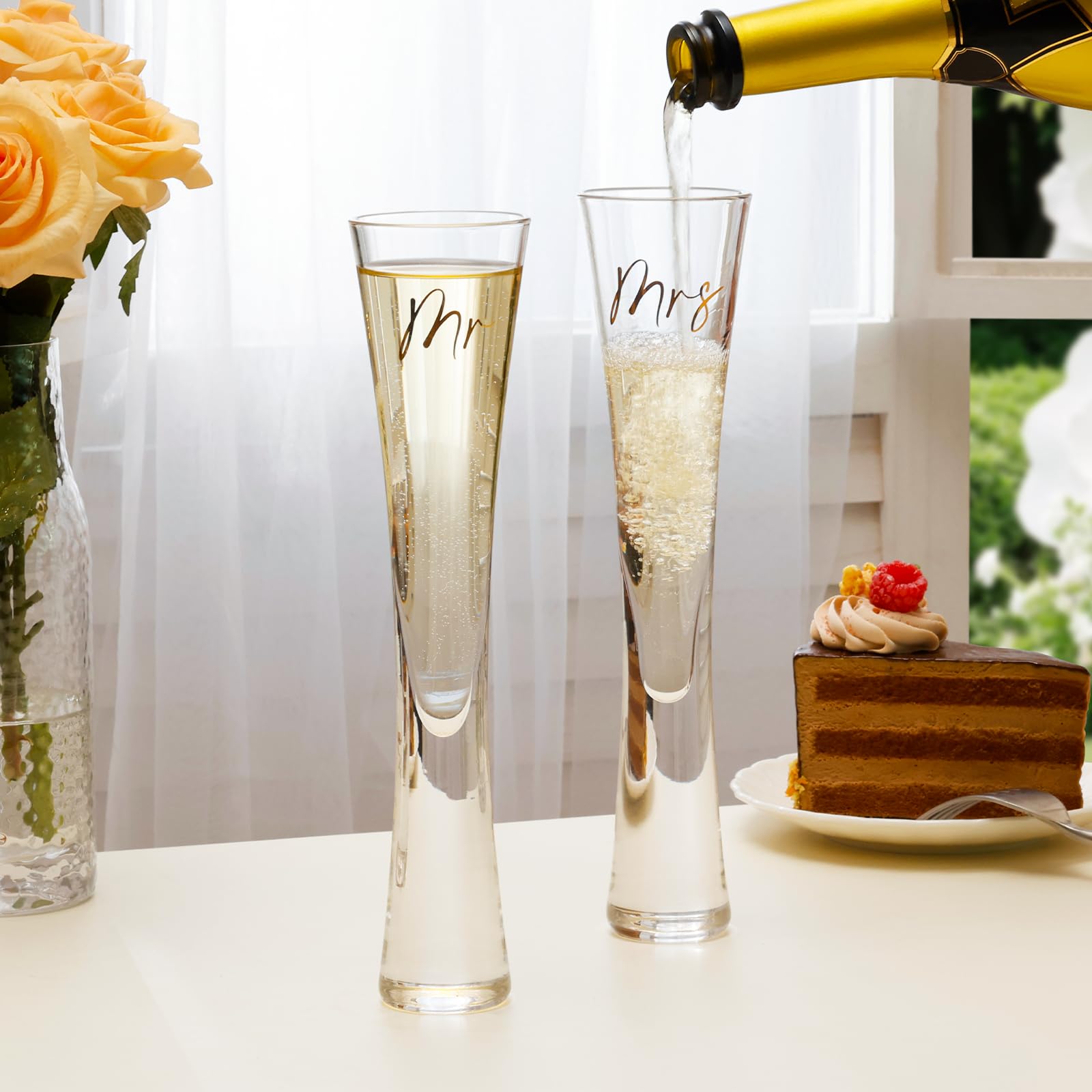 NUTRIUPS Mr & Mrs Champagne Flutes, Wedding Toasting Flutes for Bride and Groom, Hand Blown Crystal Prosecco Glasses for Anniversary, Set of 2