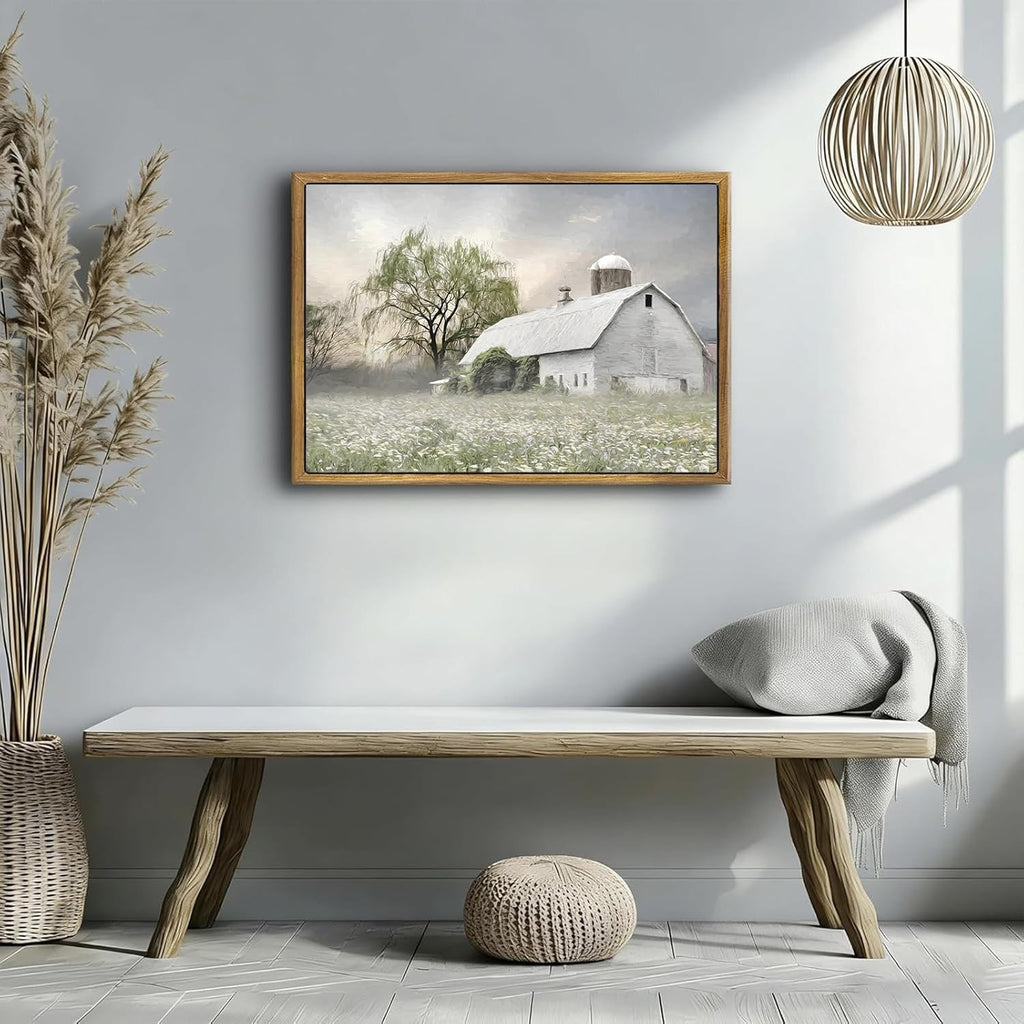 Skiennix Rustic Farmhouse Canvas Wall Art - White Barn Wildflower Landscape Painting | 16x12 in for Bedroom & Living Room Decor
