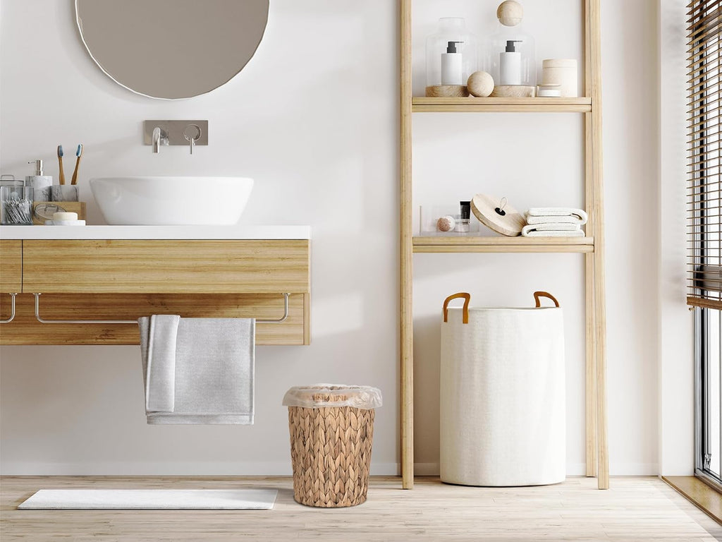 StorageWorks Wicker Waste Basket - Stylish Small Trash Can for Bathroom | Round Water Hyacinth Design