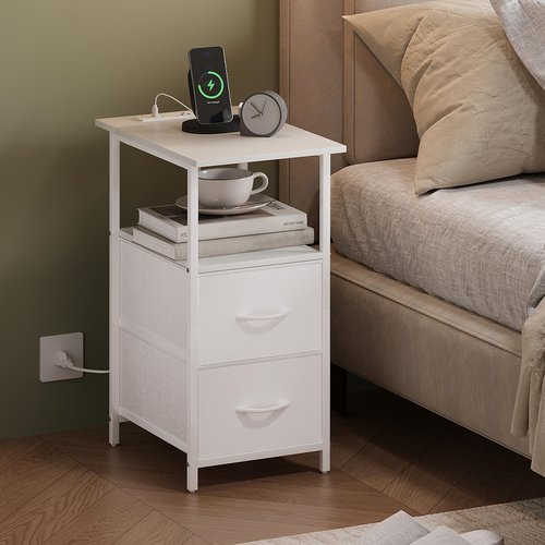 Somdot End Table with Charging Station,Narrow Side Table with 2 Fabric Drawers,Skinny Nightstand with Storage,Small Slim Bedside Table for Living Room,Sofa,Bedroom,Couch,White Leather