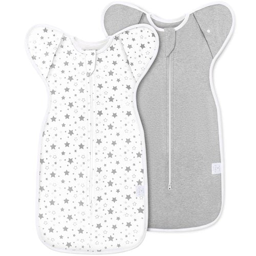 ANYEDDE Baby Swaddle 2-Pack - Arms Up Design with Removable Cuffs & 2-Way Zipper, Gray Stars, Breathable Cotton for 3-6 Months