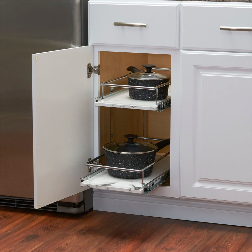 Household Essentials Glidez Chrome-Plated Steel and Faux Marble 2-Tier Pull-Out/Slide-Out Storage Organizer, 11.25" Wide, White and Chrome