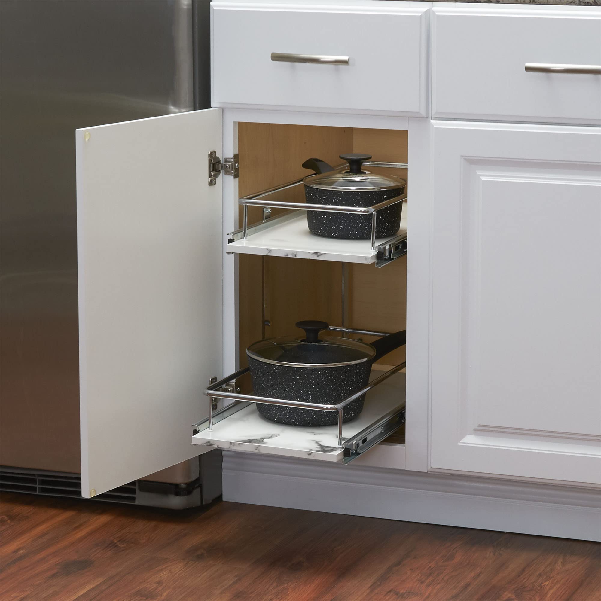Household Essentials Glidez Chrome-Plated Steel and Faux Marble 2-Tier Pull-Out/Slide-Out Storage Organizer, 11.25" Wide, White and Chrome