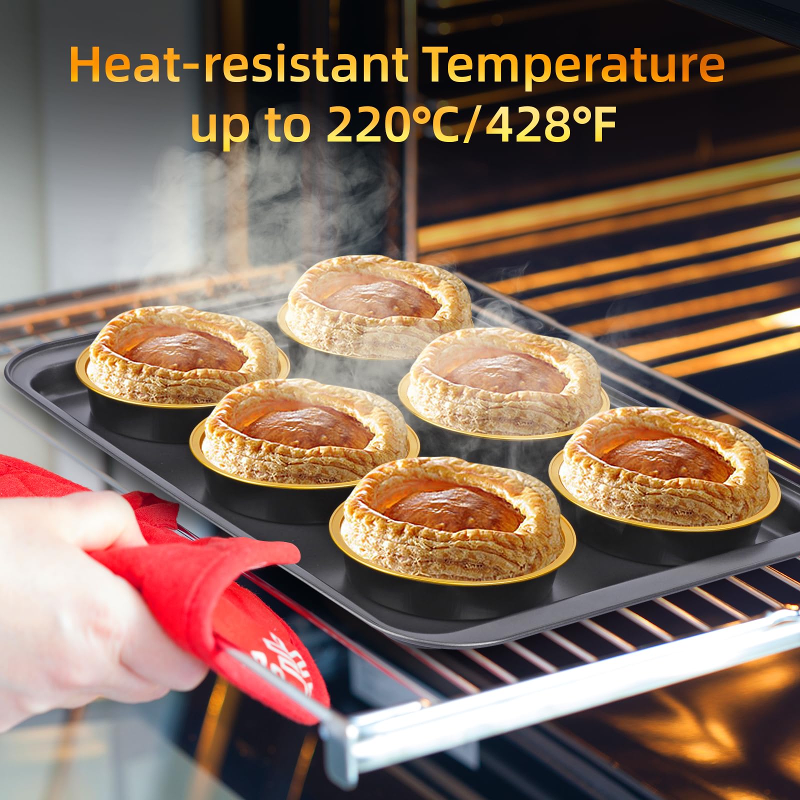 Beasea Disposable Creme Brulee Ramekins with Lids, 120 Pack 4 Inch 8oz Mini Pie Tins Black Gold Mini Small Aluminum Foil Pie Tart Cake Baking Pans Individual Round Containers Oven Safe for Baking