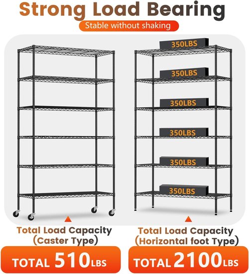 BestOffice 6-Tier Wire Storage Shelves - Heavy-Duty Metal with Wheels | Adjustable | 18x45x82 | Black | Holds Up to 2100 lbs | No-Tool Assembly for Home & Garage