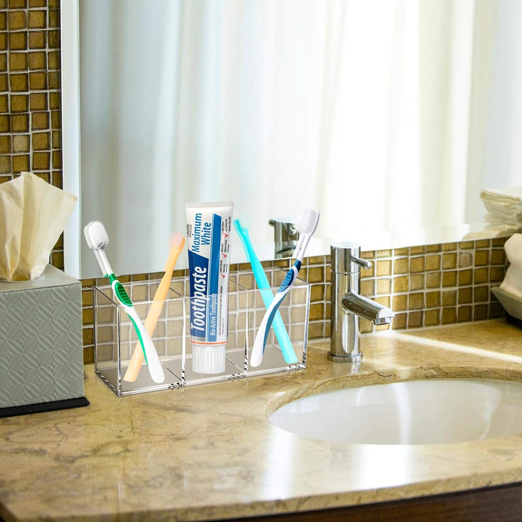 Tbestmax Makeup Brush Holder - Clear Organizer with 3 Slots for Vanity Storage