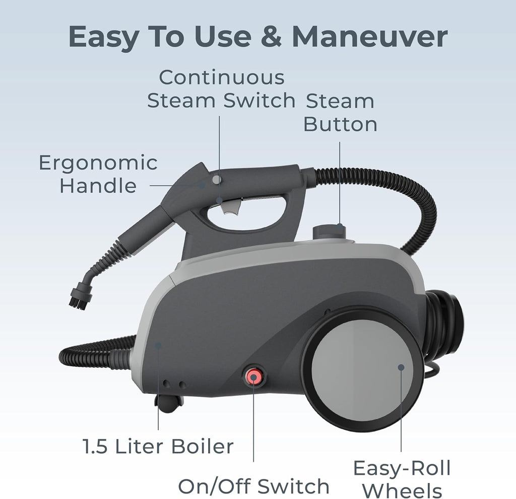 Pure Enrichment PureClean XL Rolling Steam Cleaner - 1.5L Heavy-Duty Steamer with 17 Accessories for Chemical-Free Deep Cleaning