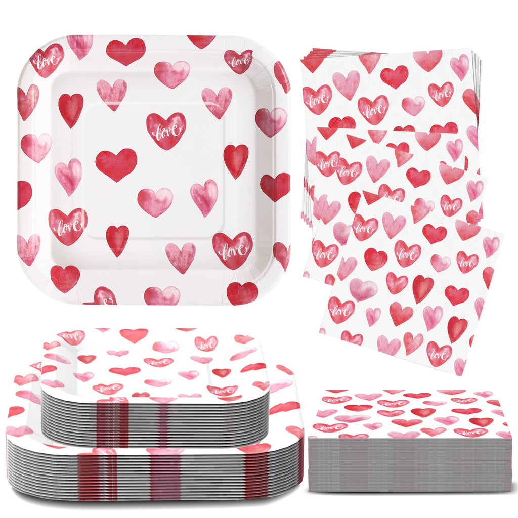Glinarious Valentines Day Plates and Napkins Sets, Square Valentine Plates 9" Heart Plates 7" for Valentines Day Party Decorations