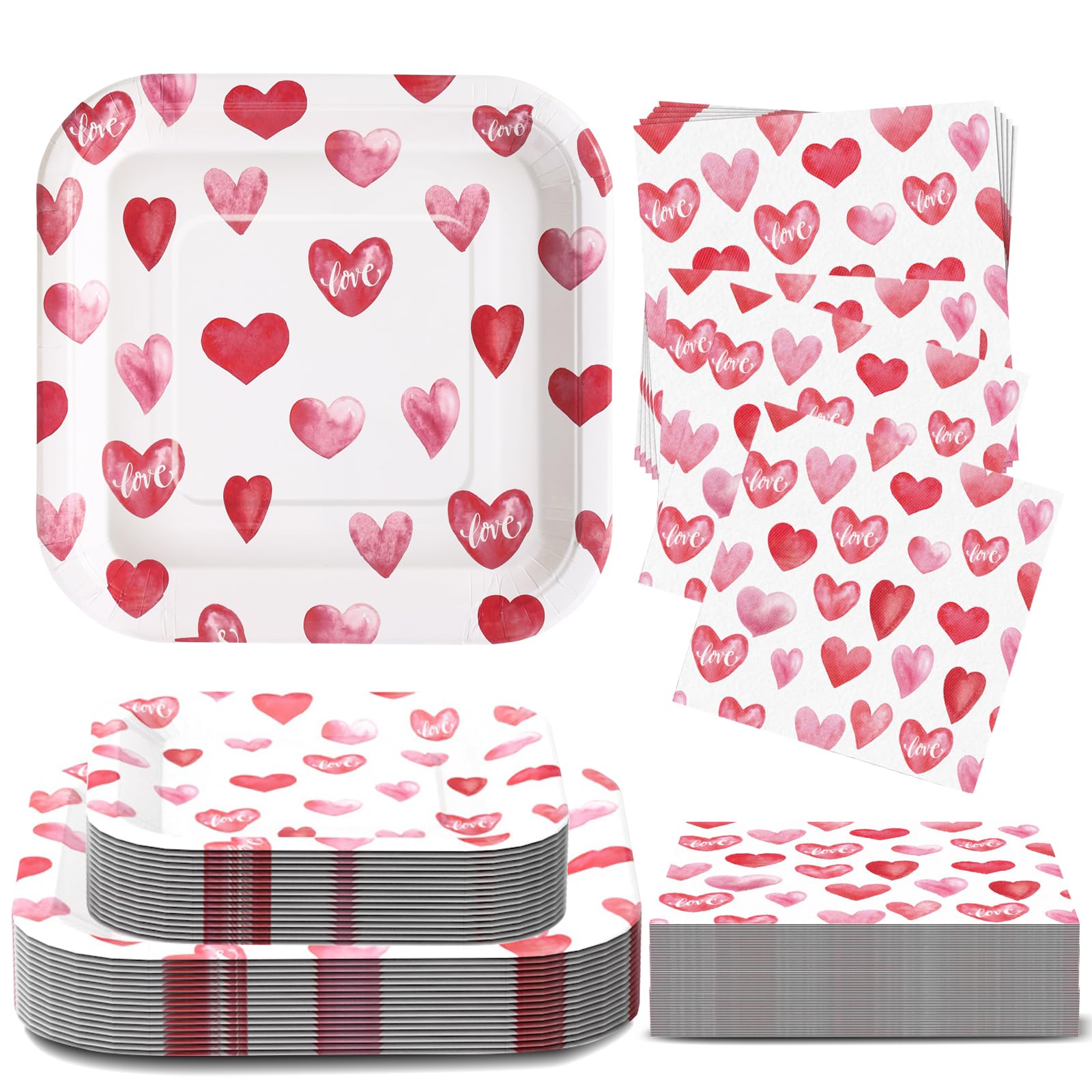 Glinarious Valentines Day Plates and Napkins Sets, Square Valentine Plates 9" Heart Plates 7" for Valentines Day Party Decorations