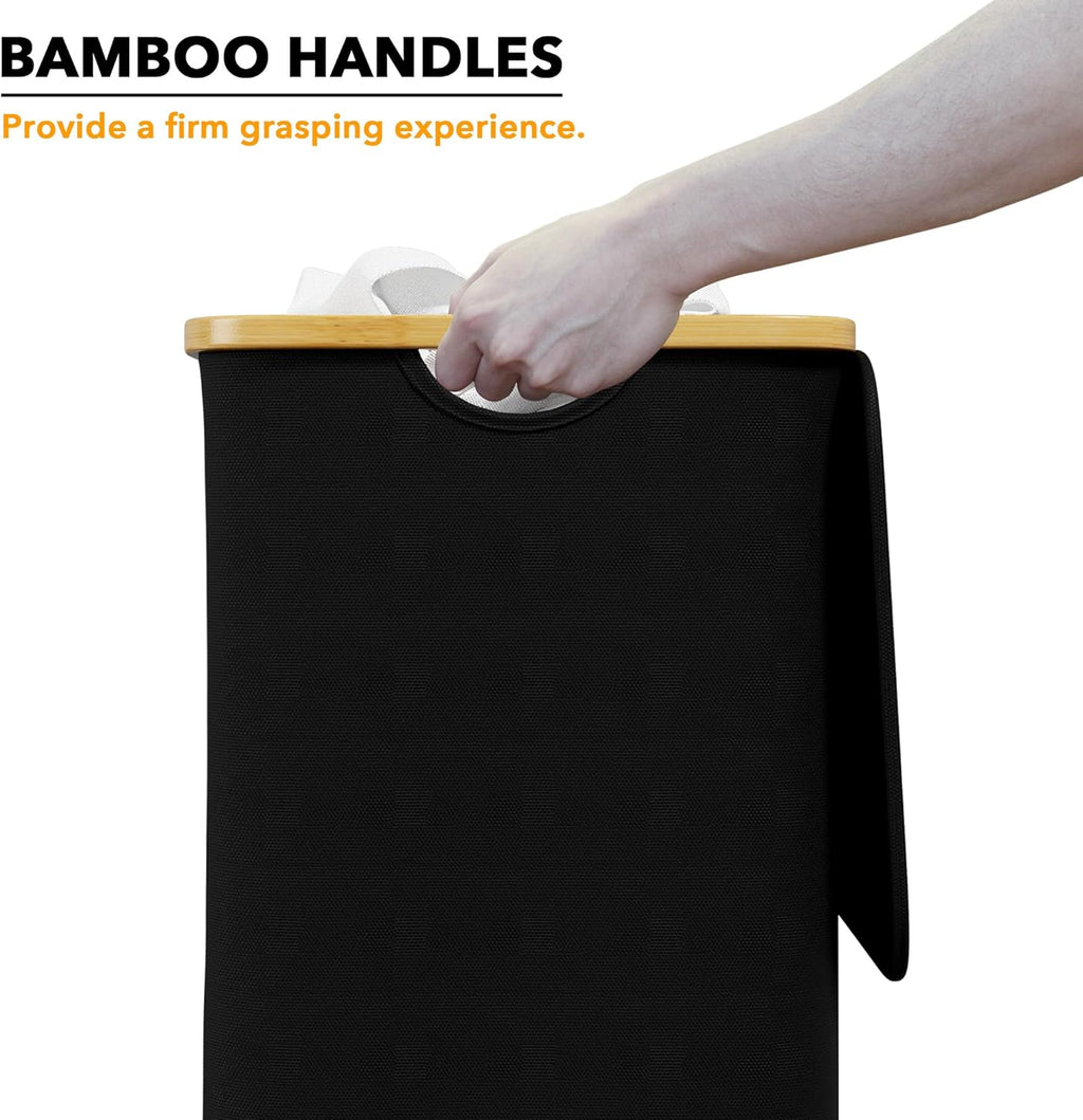SpaceAid Laundry Hamper - 110L Tall Collapsible Basket with Lid & Bamboo Handles | Black