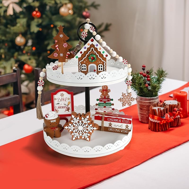 Gingerbread Christmas Decorations 8-Piece Tiered Tray Decor Set - Gingerbread Xmas Variation