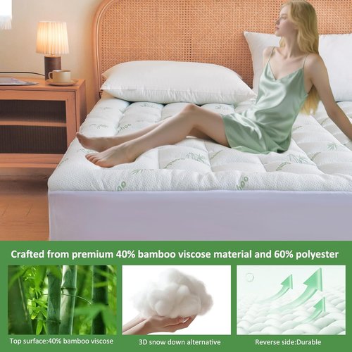 Bioeartha Cooling Mattress Topper Queen - Extra Soft Bamboo Pillow Top for Back Pain Relief | Deep Pocket Design Fits 8-21 Inch