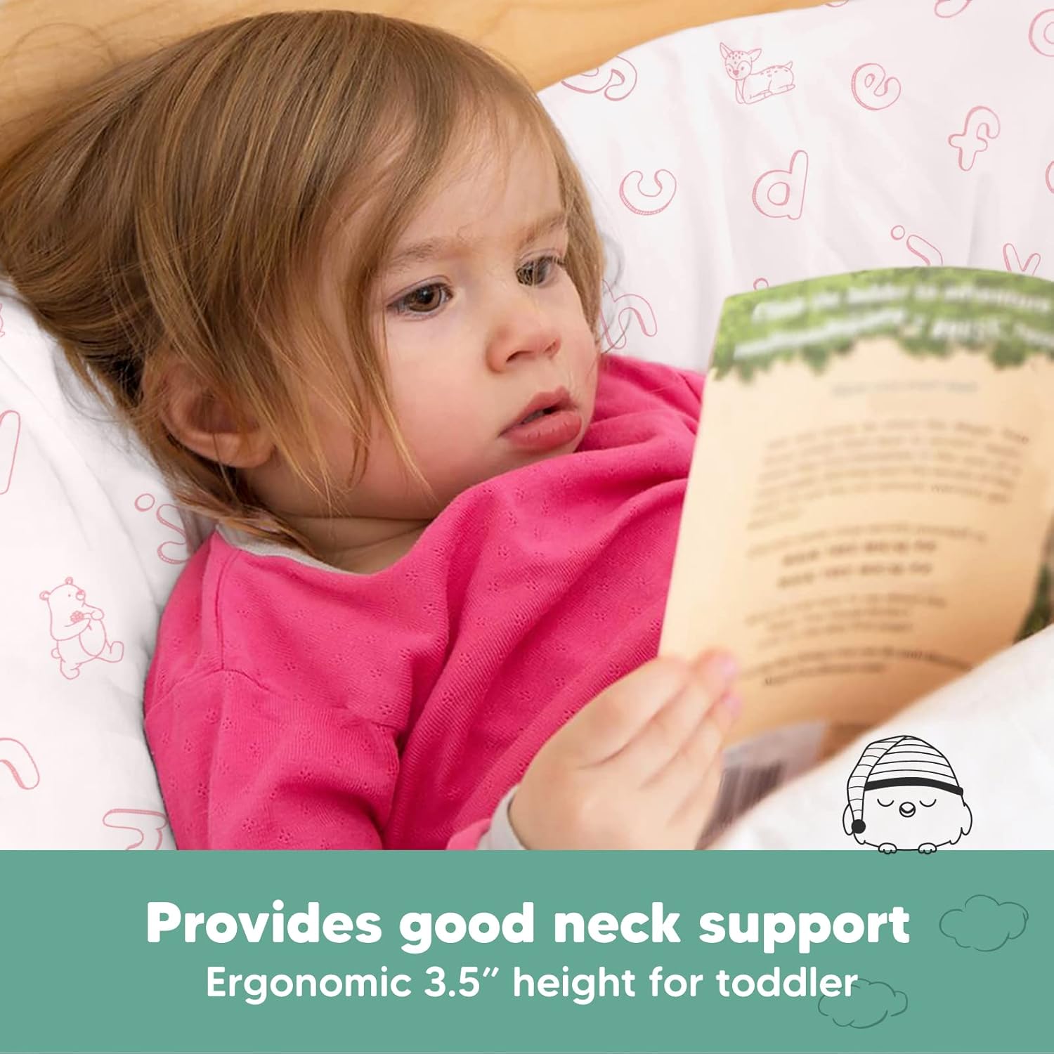 My Little Dreamy Toddler Pillow - Organic Cotton Travel Bed Pillow with Case, Soft & Breathable, 13x18 (ABC Land Rose)
